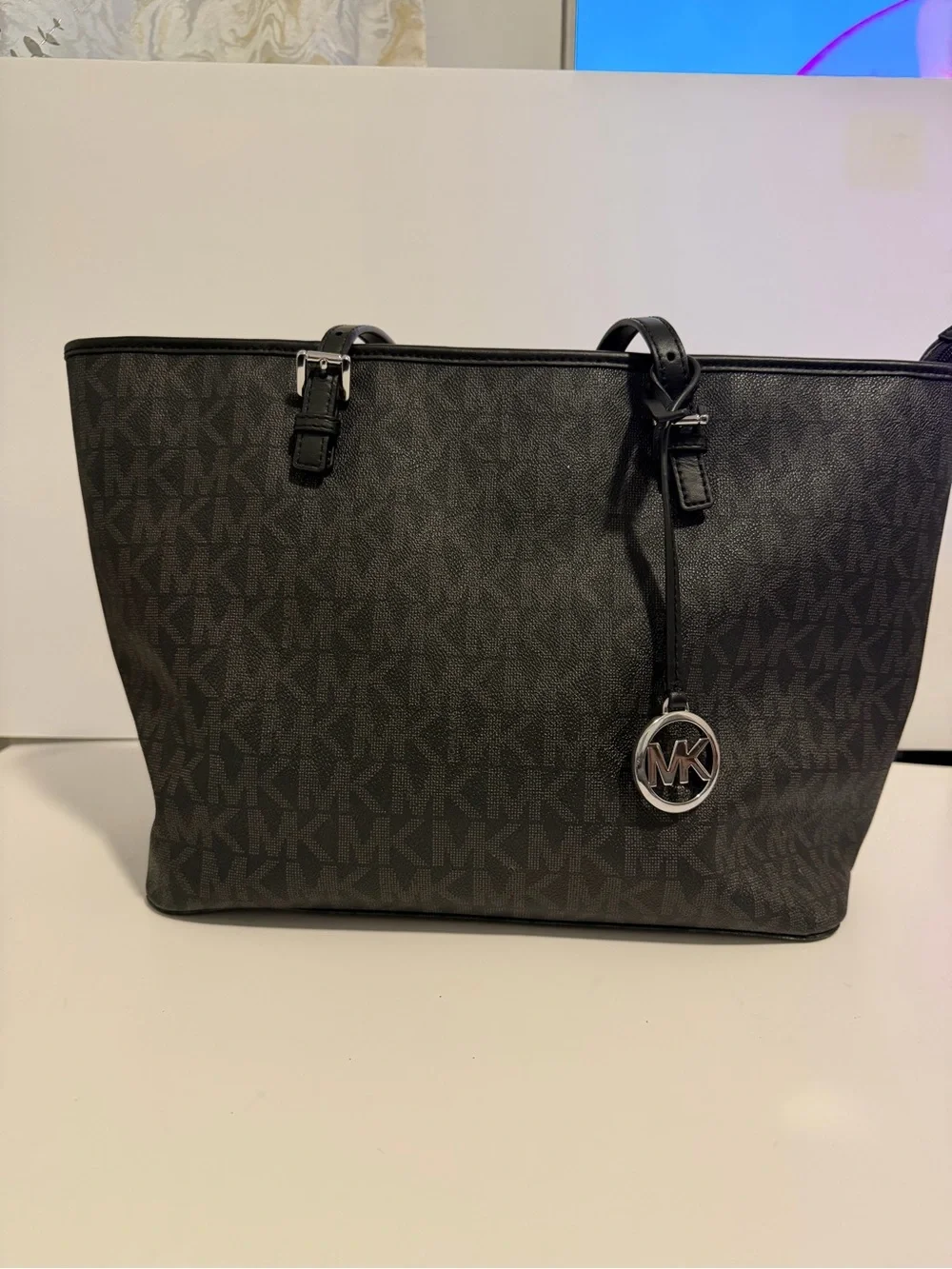 Michael Kors Black MK Signature Tote with Silver Charm
